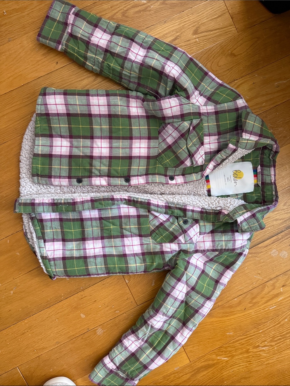 Mini Boden Green and Pink Plaid Sherpa-Lined Hoodie Shirt Size 8-9Y